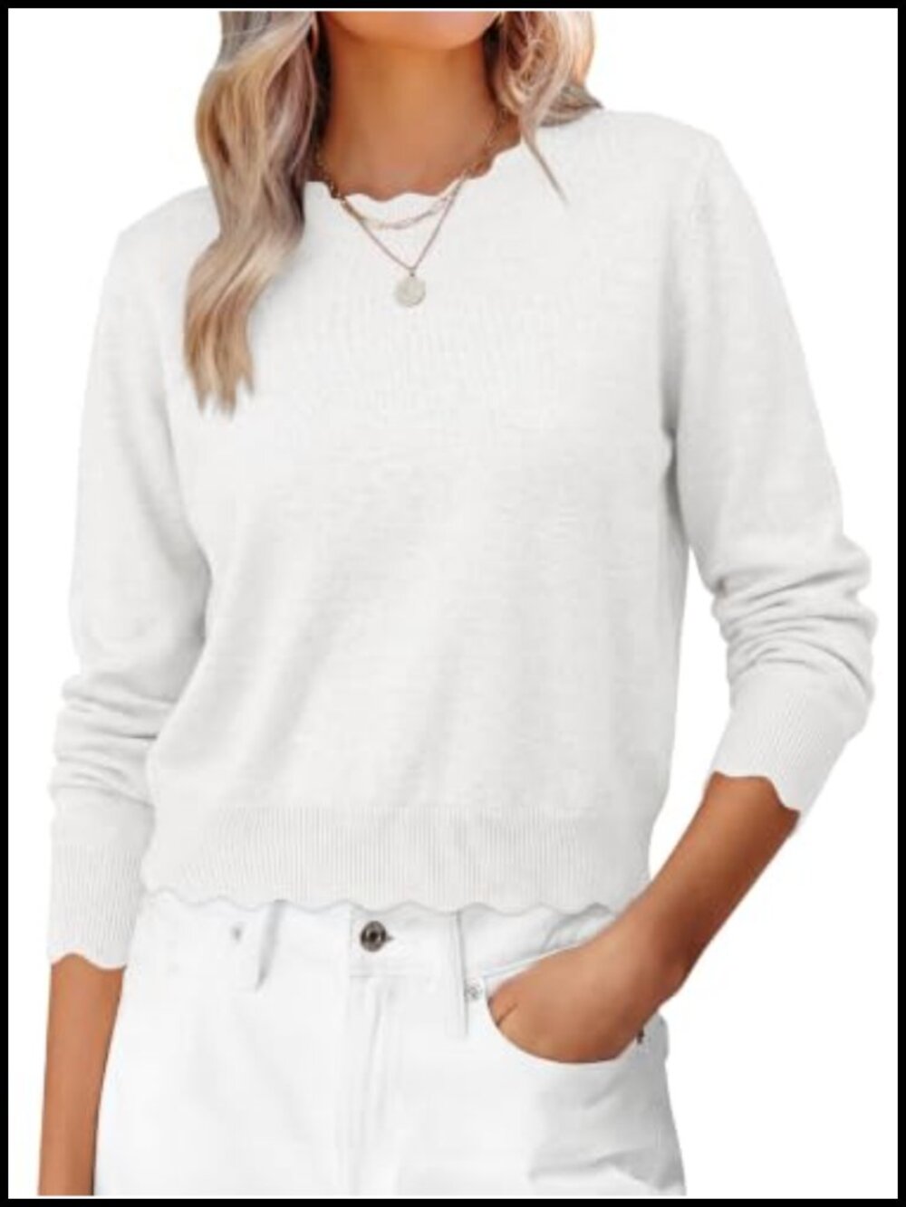 Lightweight Ribbed Knit Scallop Pullover Sweater Long Sleeve